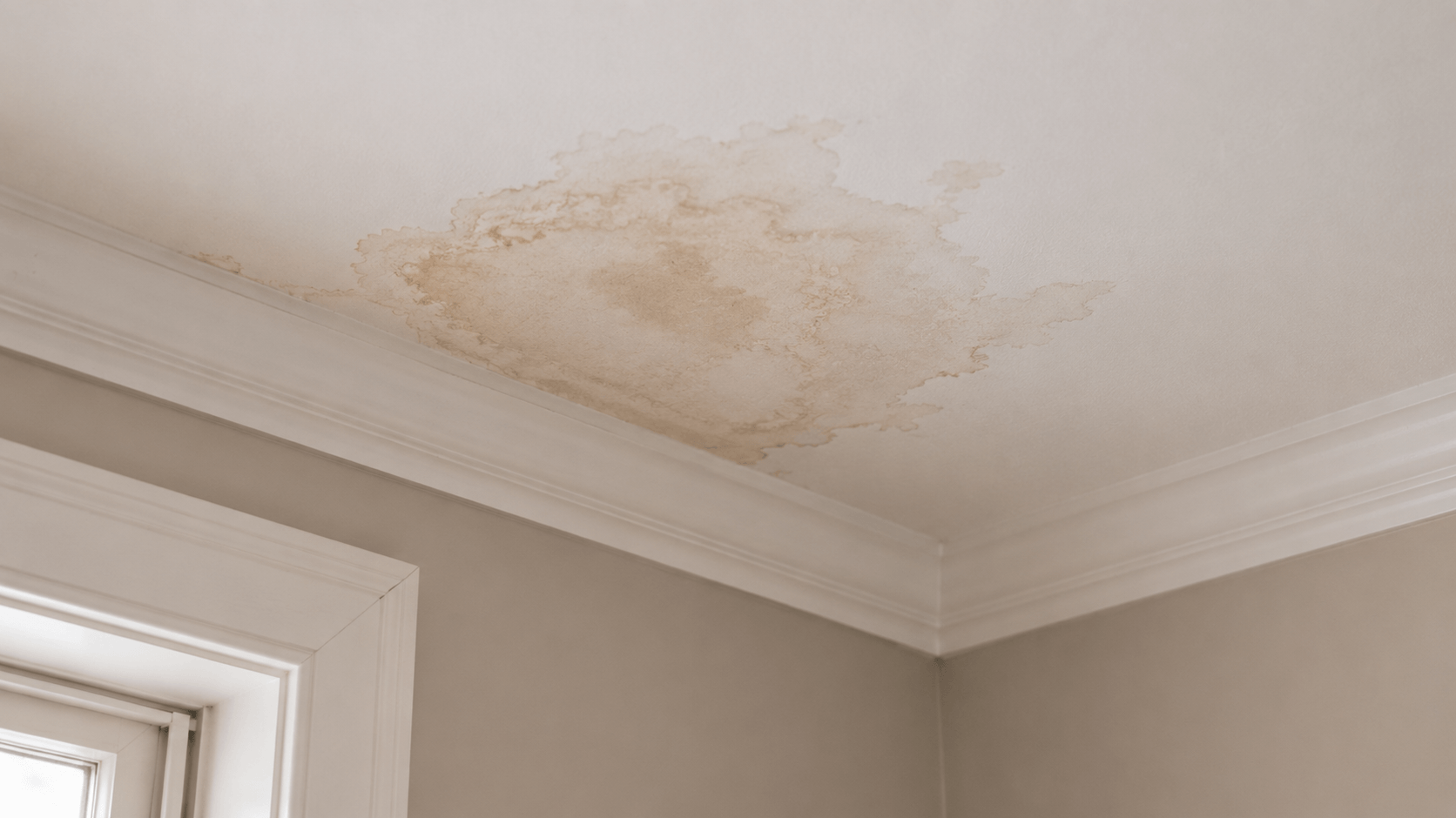Close up of a light brown water stain on a white ceiling near an interior wall corner