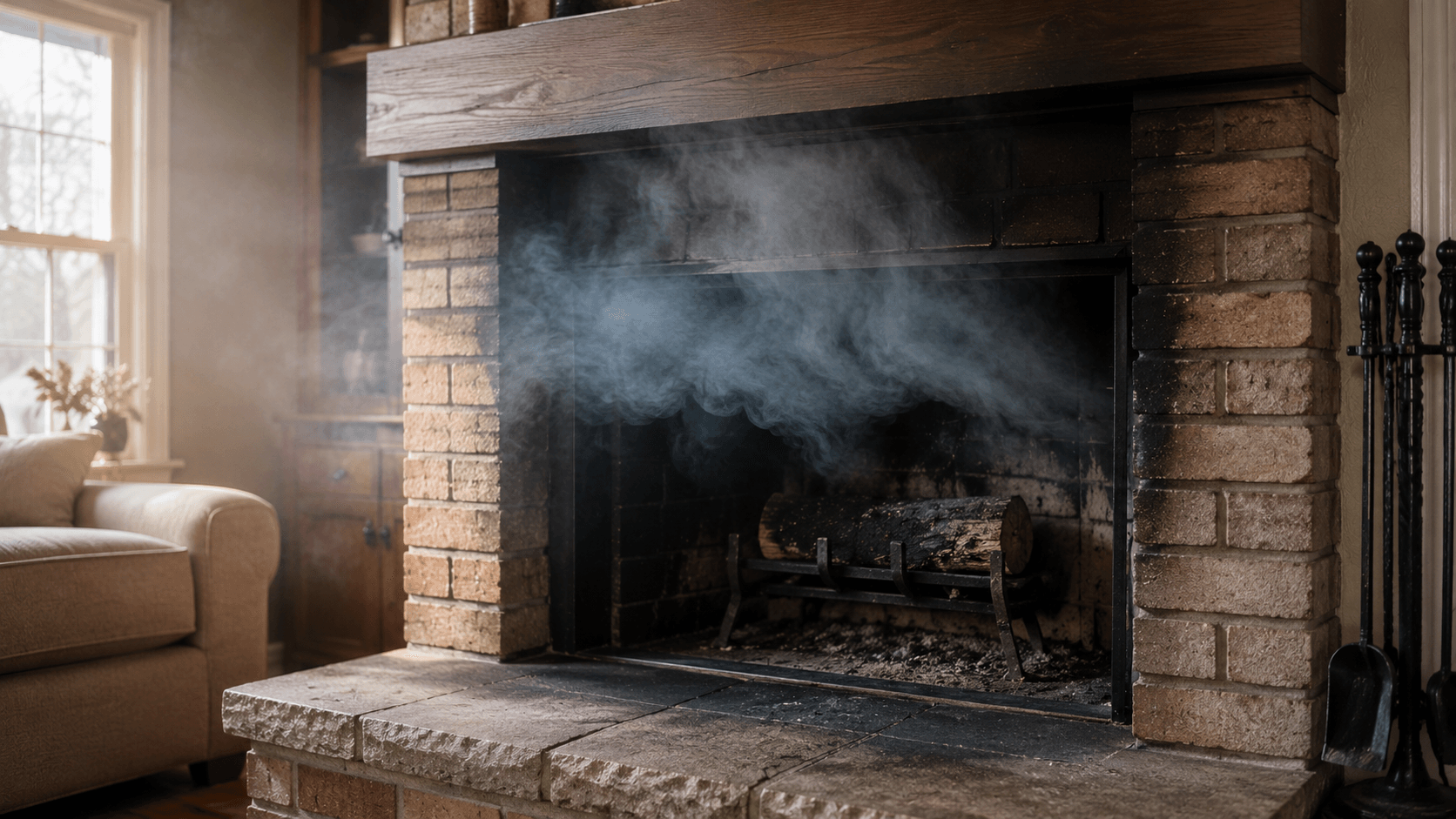 Smoke backing into a home fireplace with soot around the firebox