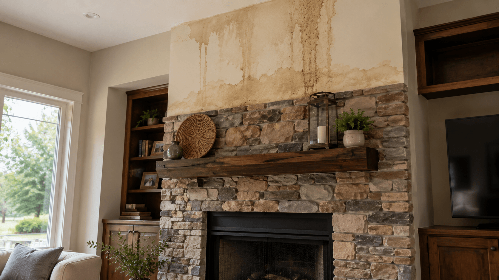 Water staining above a stone fireplace caused by moisture near the chimney area