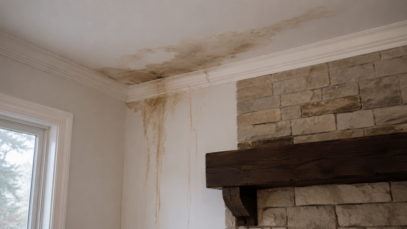 Brown water stains on ceiling and wall near a fireplace caused by chimney moisture problems