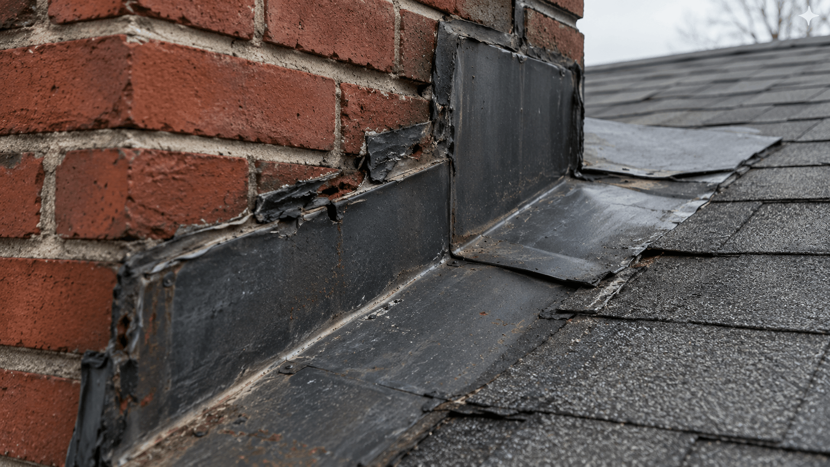 Damaged chimney flashing with cracked sealant where a brick chimney meets an asphalt shingle roof
