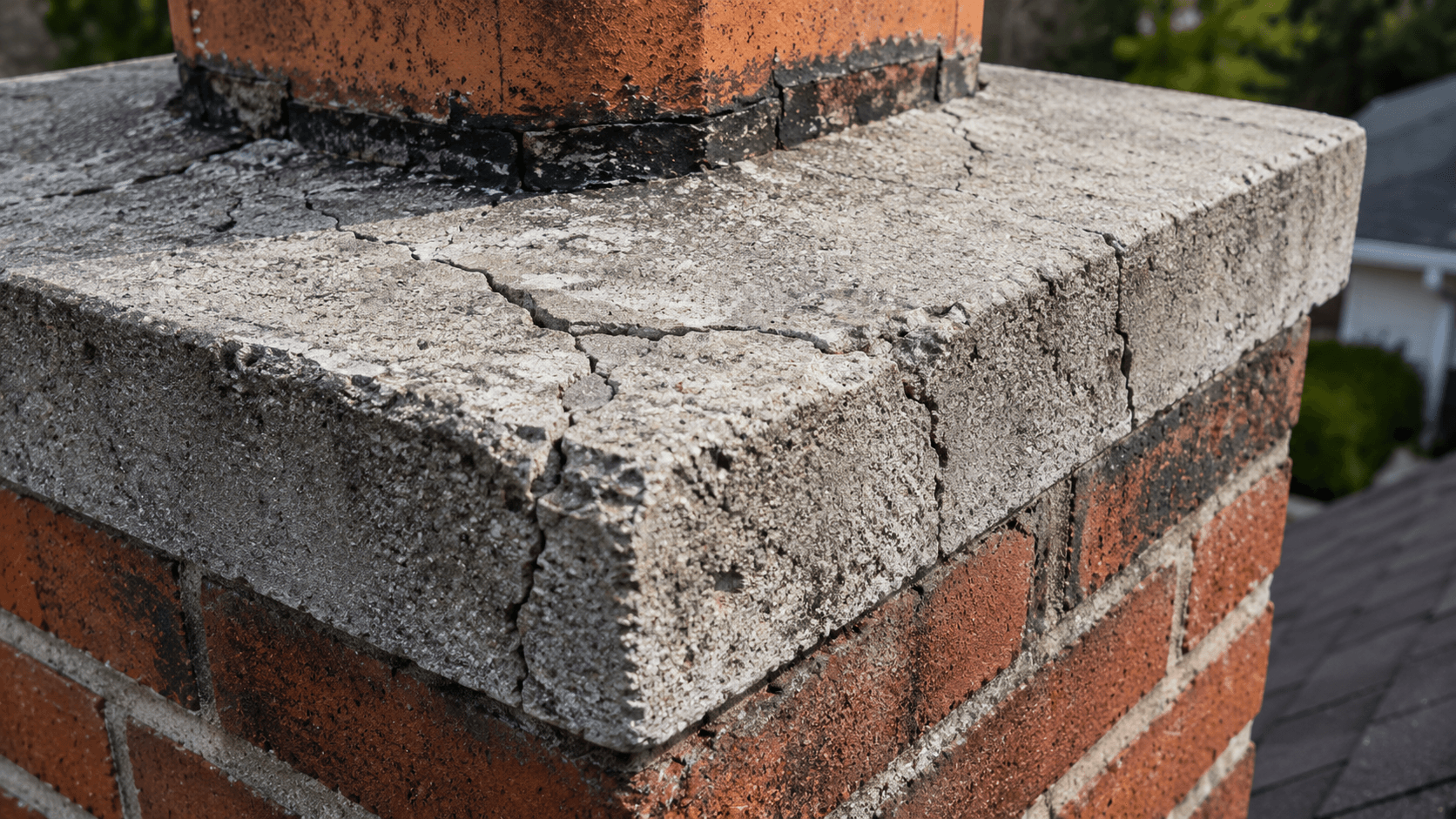 Cracked concrete chimney crown showing weather damage and hairline cracks