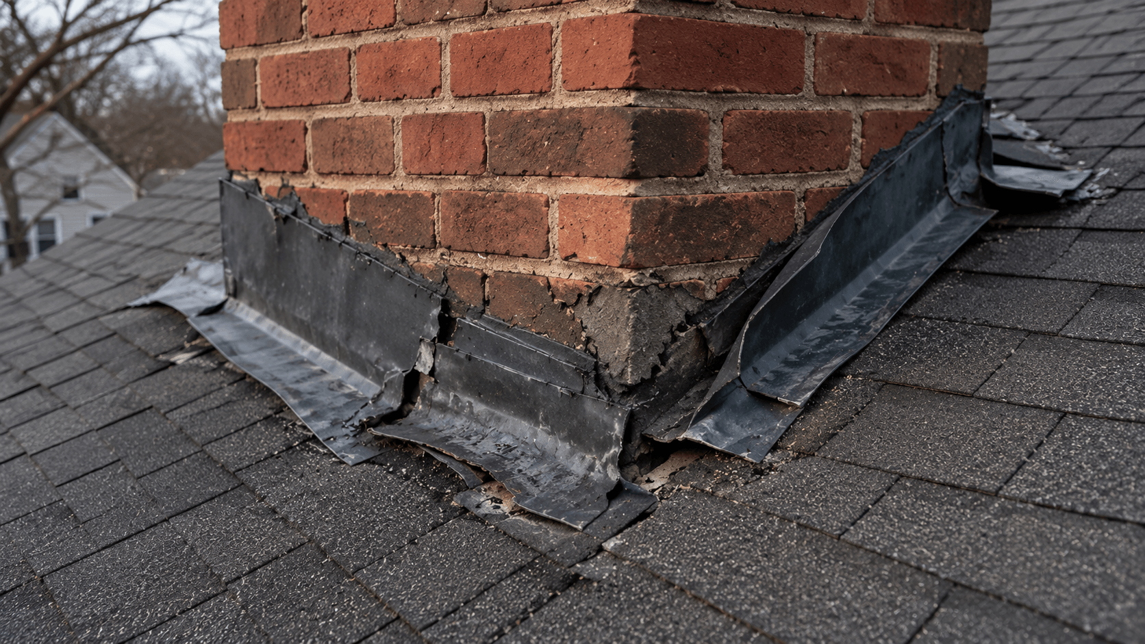 Damaged chimney flashing where a brick chimney meets an asphalt shingle roof