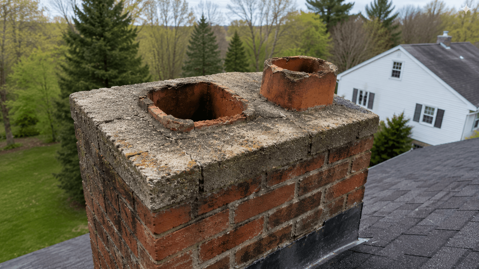 Older brick chimney with missing or damaged chimney cap and exposed flue openings