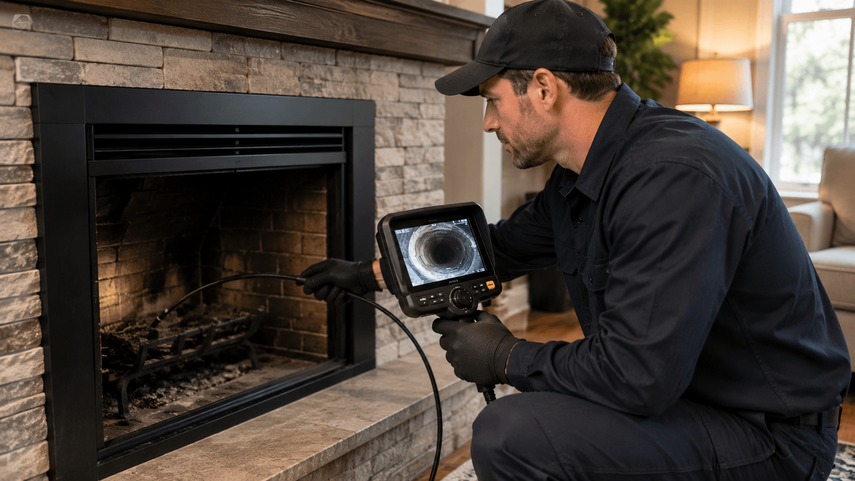 Chimney technician inspecting a fireplace with a professional inspection camera