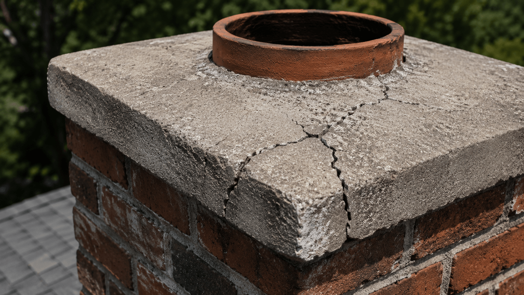 Cracked concrete chimney crown on top of a brick chimney