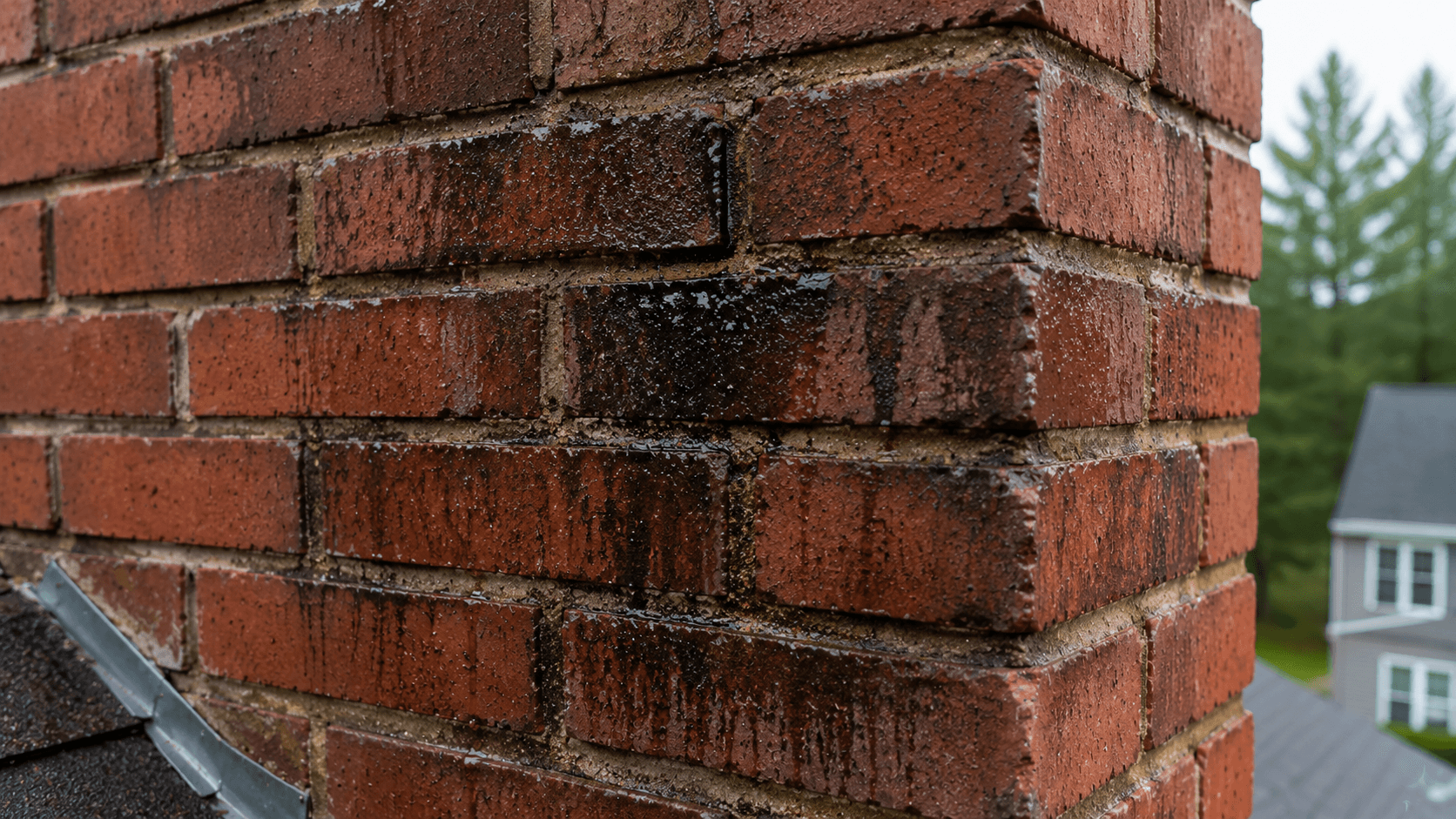 Porous red brick chimney masonry with dark moisture staining and aged mortar joints