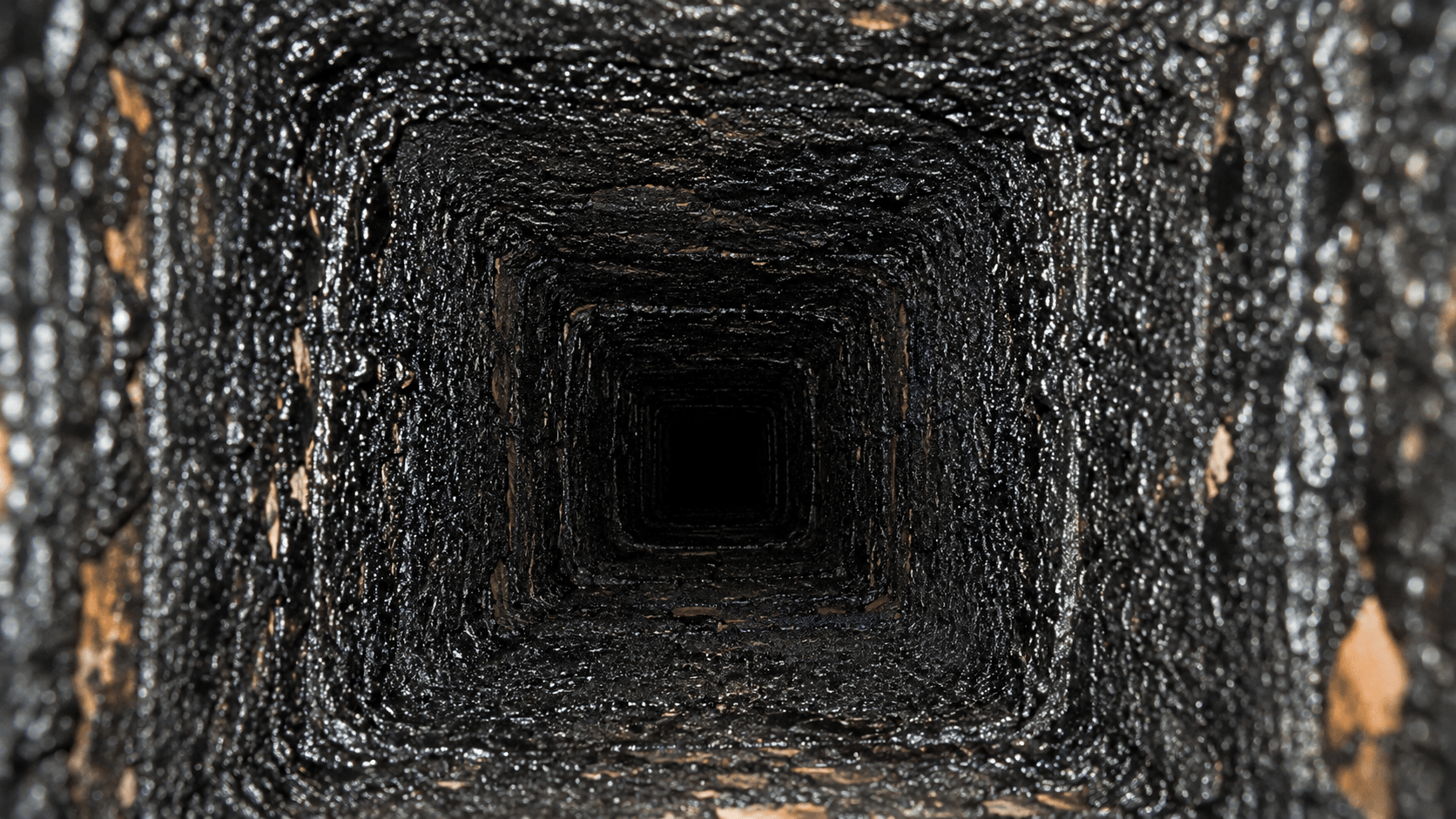 Heavy black creosote buildup inside a chimney flue