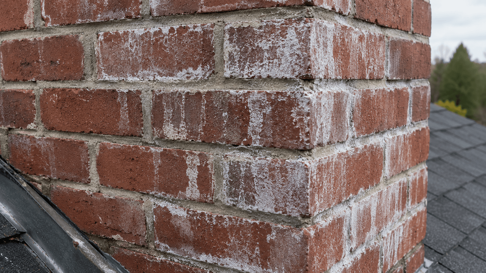 White efflorescence staining on exterior red brick chimney masonry