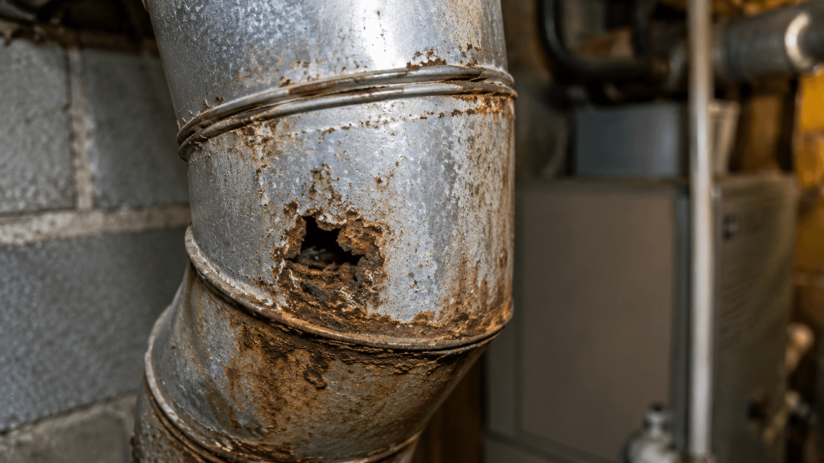 Rusted metal furnace vent pipe with corrosion and a hole in a basement utility room