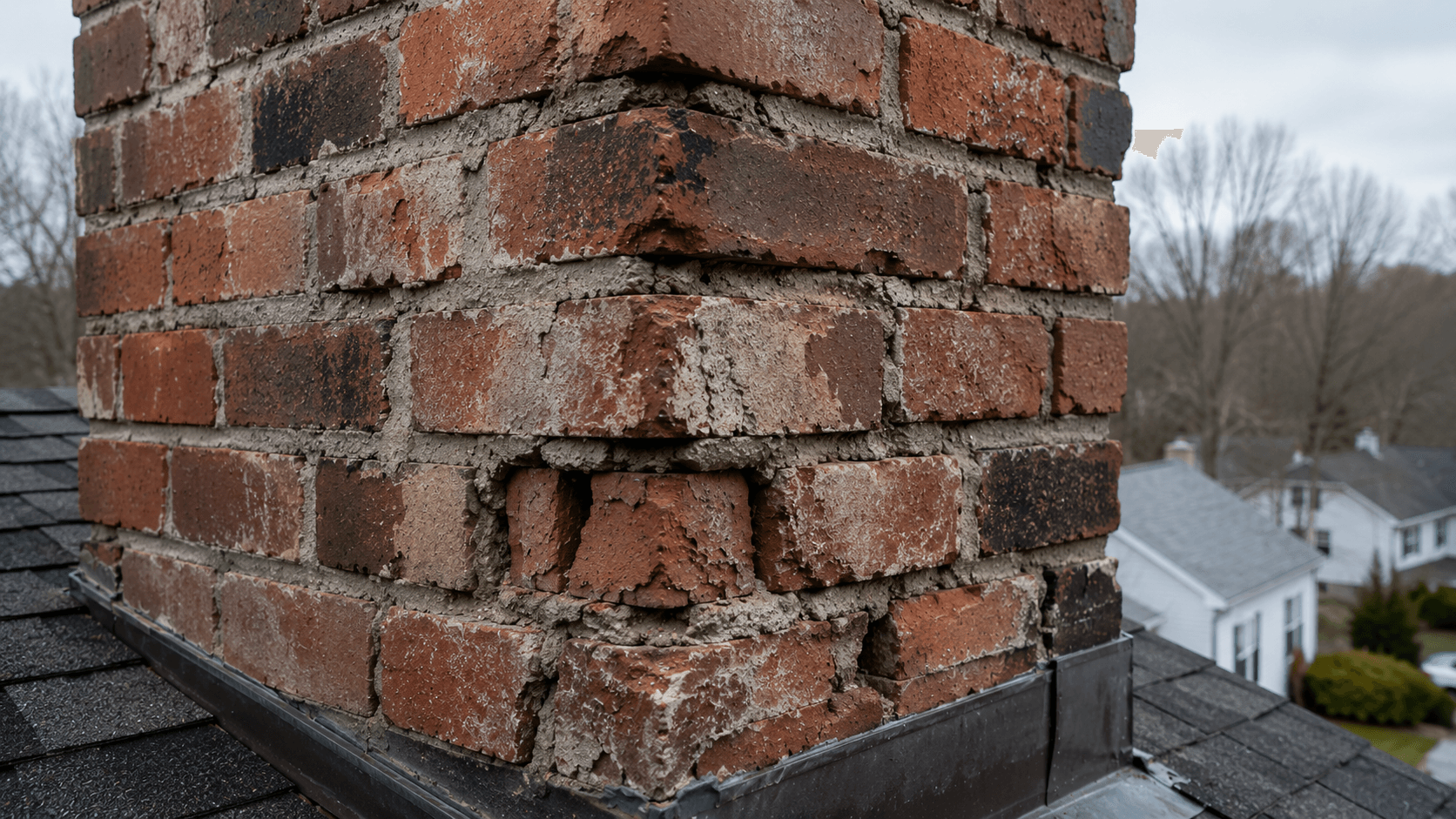 Older brick chimney with spalling bricks, loose mortar joints, and freeze thaw damage