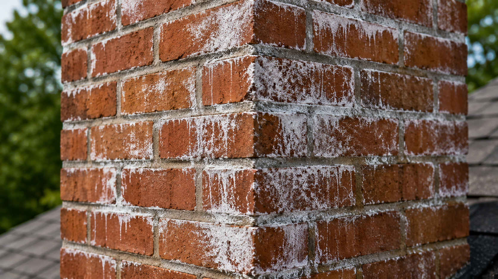 White efflorescence staining on exterior red brick chimney masonry