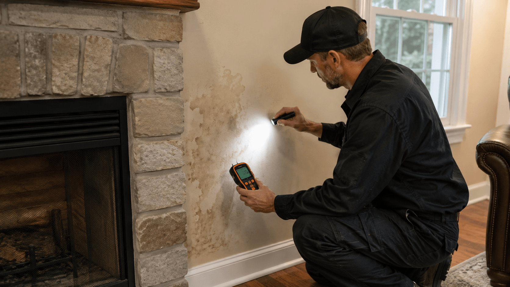 Chimney technician inspecting water damage near a fireplace with a moisture meter and flashlight