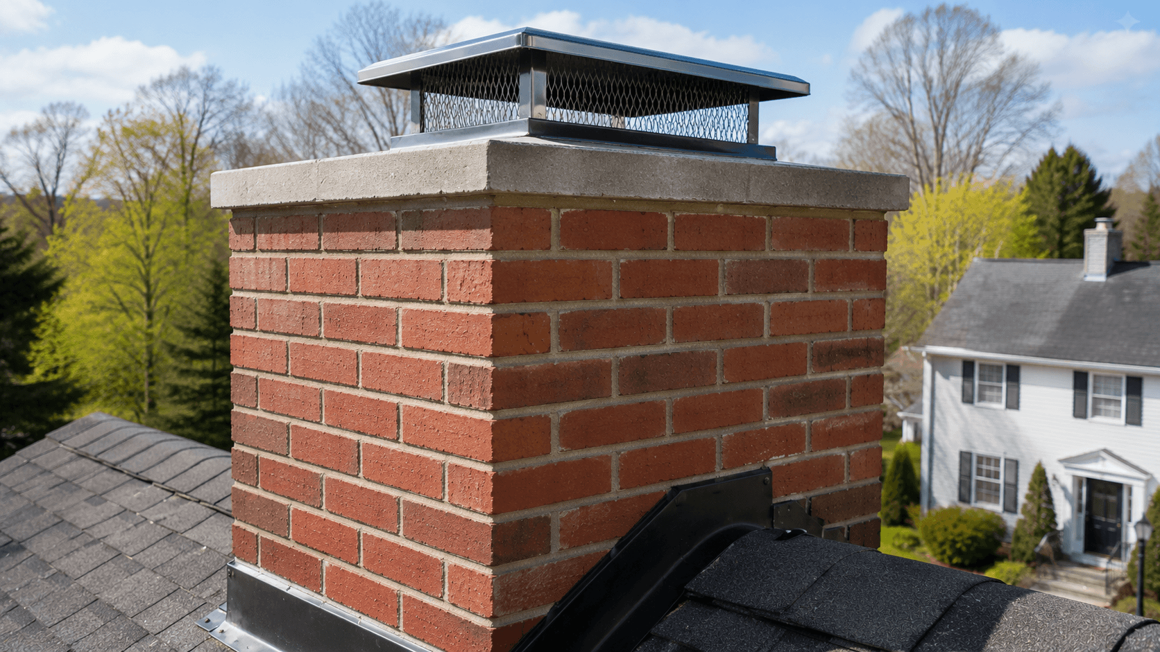 Clean repaired brick chimney with new chimney cap and properly sealed flashing on a New England residential roof