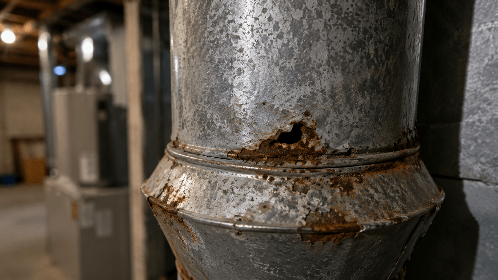 Close up of rusted galvanized furnace vent pipe with a small corrosion hole