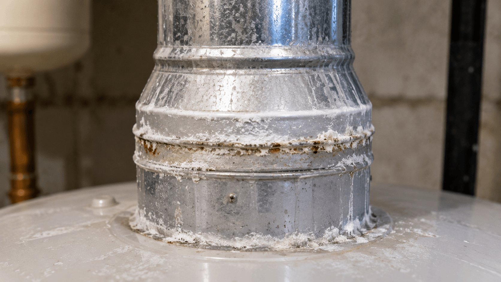 White powdery residue and light corrosion around a water heater vent pipe connection