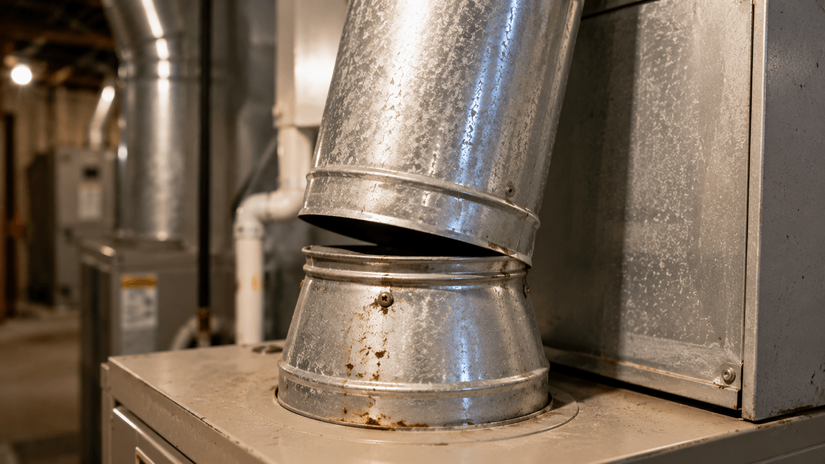 Loose metal furnace vent connector with a visible gap at the pipe joint