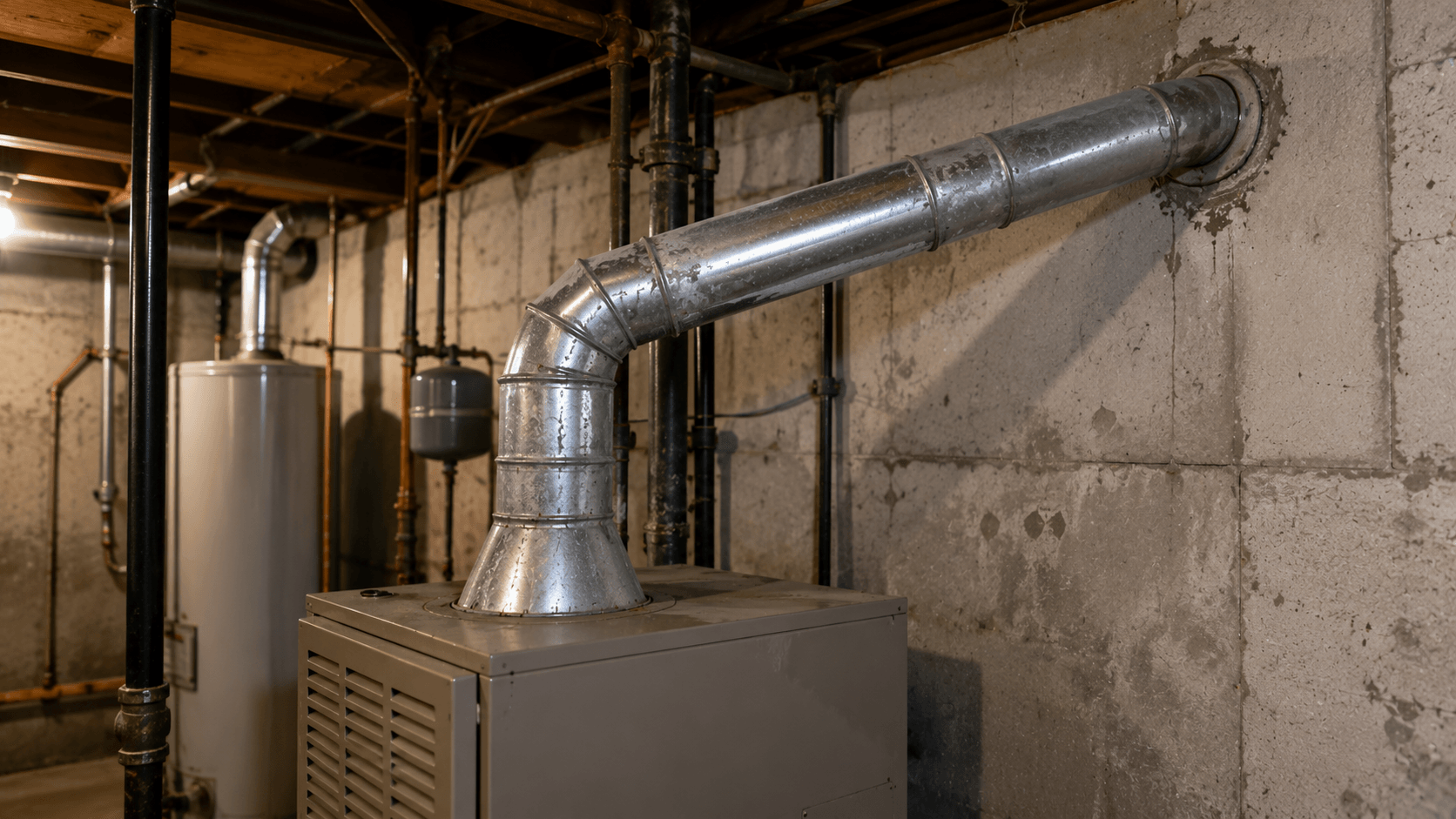 Furnace vent pipe with improper slope in a basement utility room