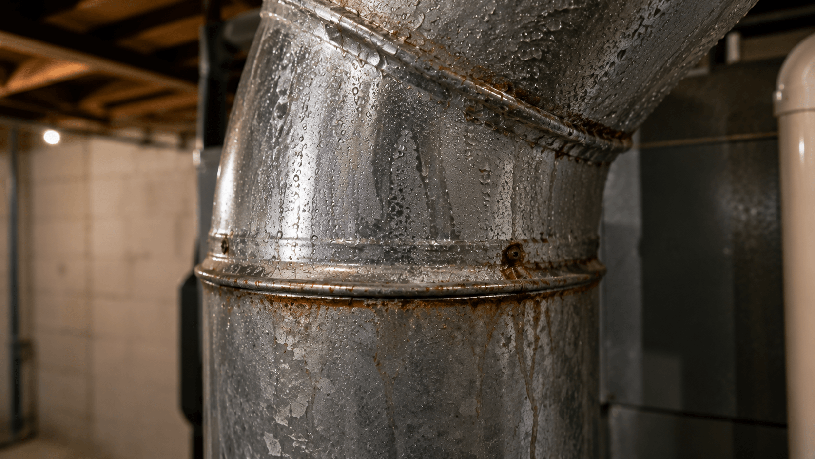 Condensation droplets and moisture staining on a galvanized furnace vent pipe