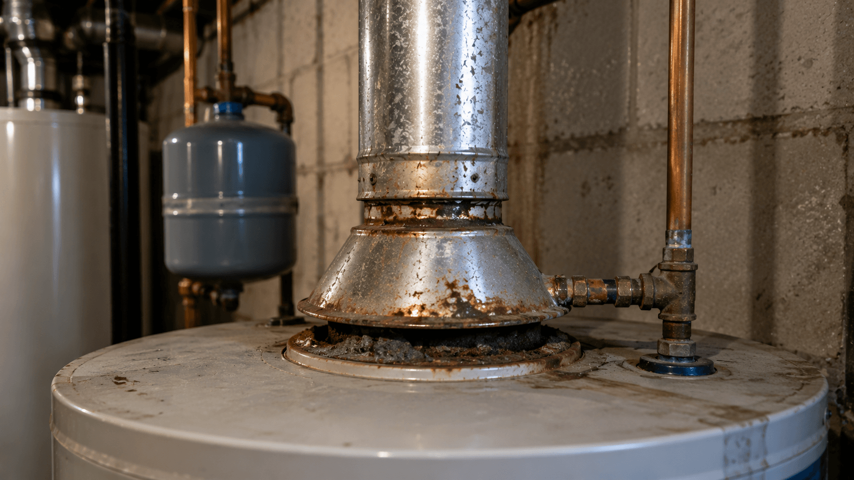Rusted water heater vent pipe and draft hood with visible corrosion near the connector
