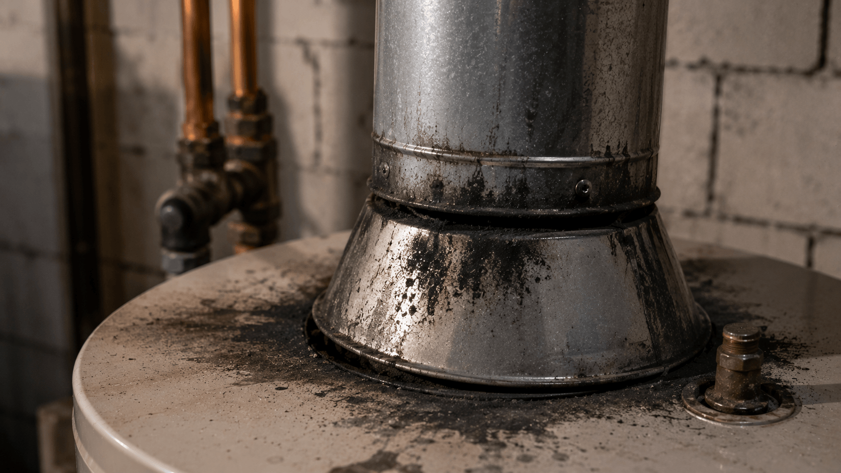 Black soot marks around a water heater draft hood and metal vent connector