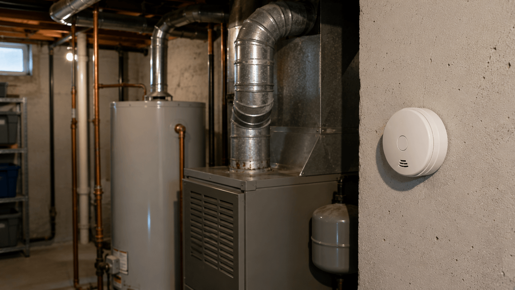 Basement utility room with furnace, water heater, vent pipe, and carbon monoxide detector on the wall