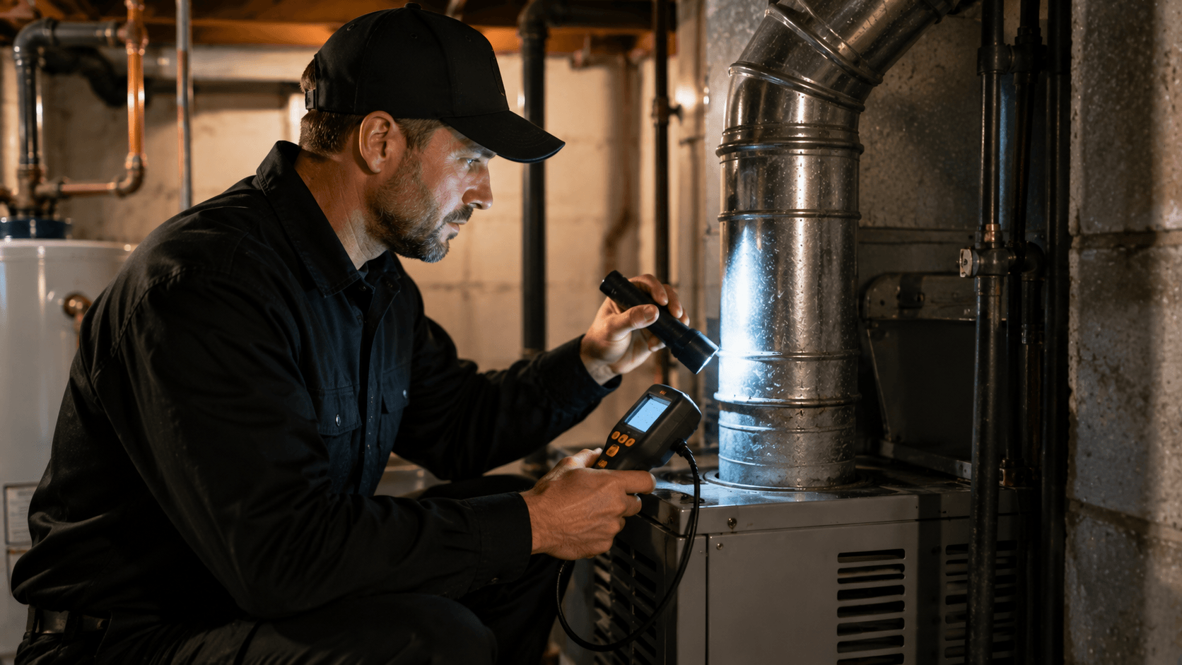 Chimney and venting technician inspecting a furnace vent pipe with a combustion analyzer and flashlight
