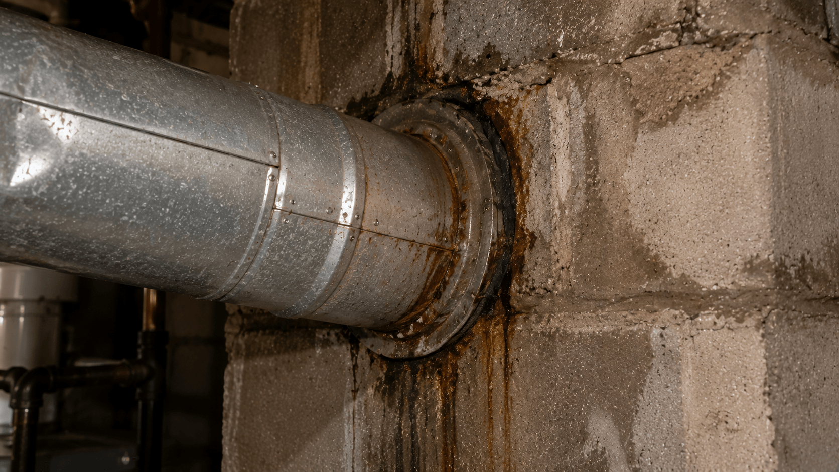 Metal furnace vent connector entering a masonry chimney wall with rust stains and moisture marks