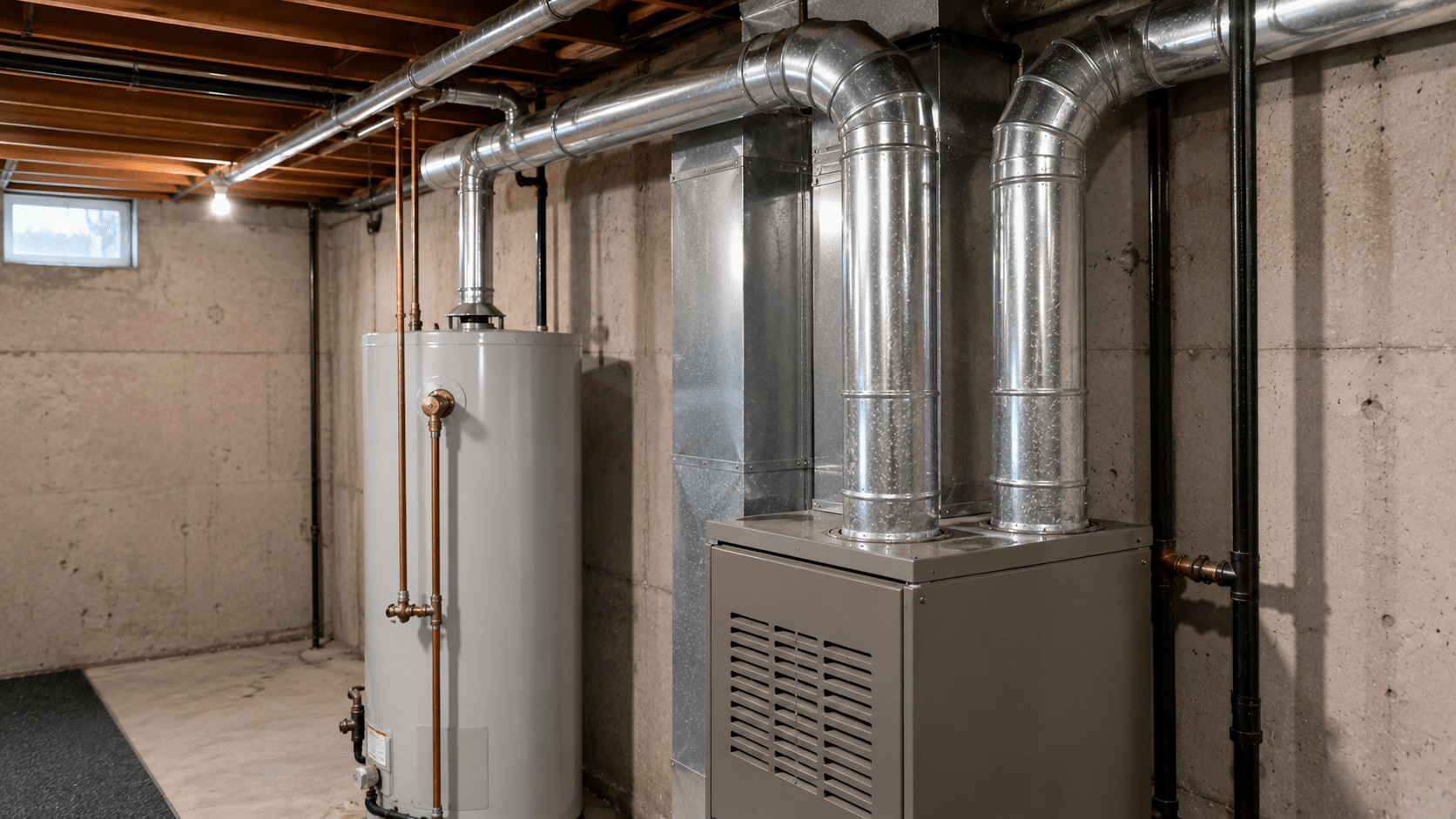 Clean properly installed furnace and water heater venting system in a basement utility room
