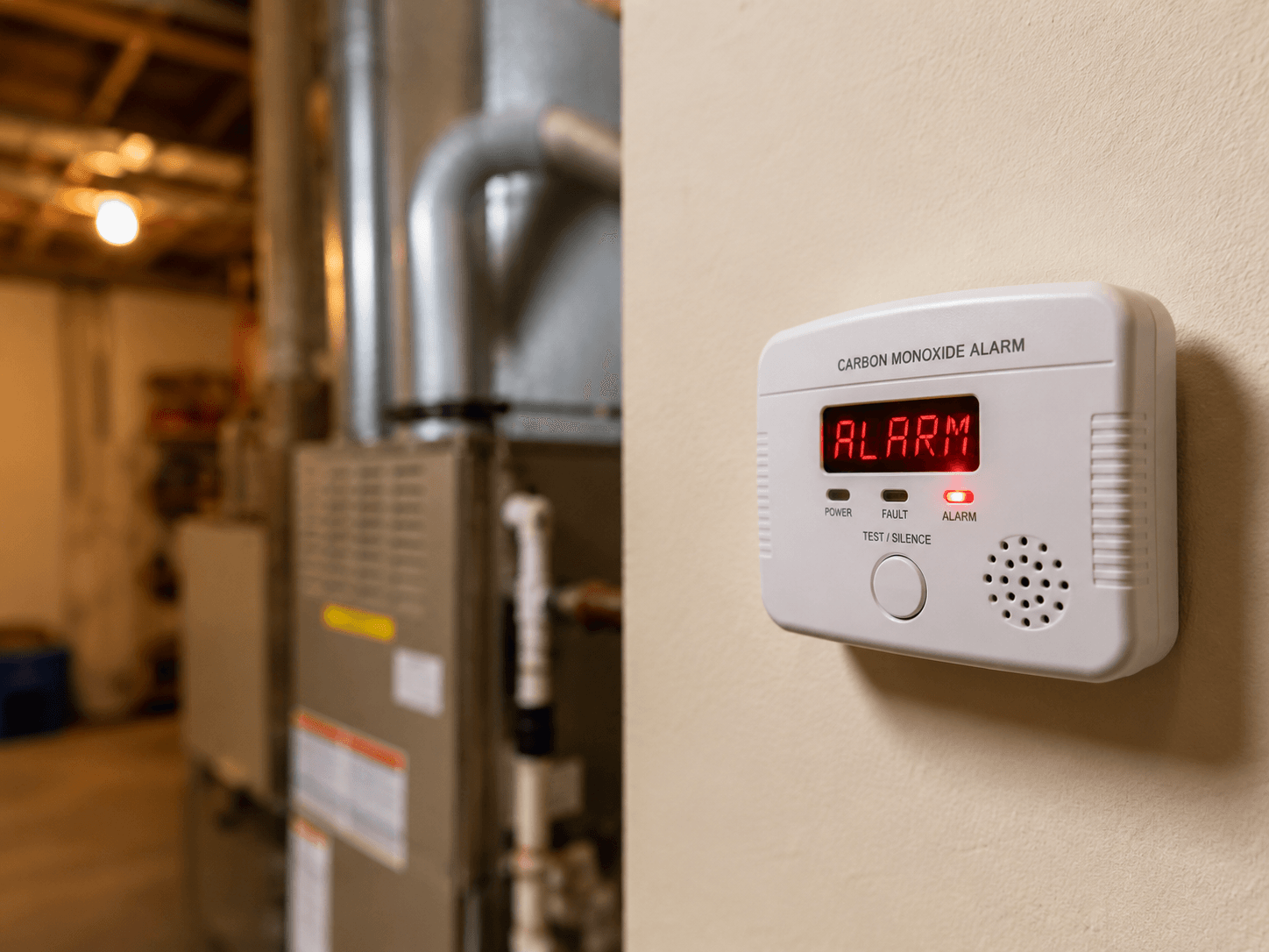 Carbon monoxide alarm near a basement furnace
