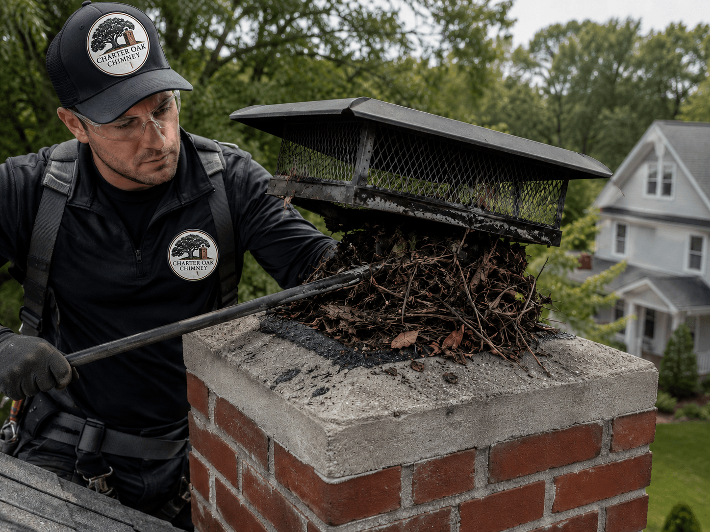 Chimney cap blockage with debris and animal nesting material
