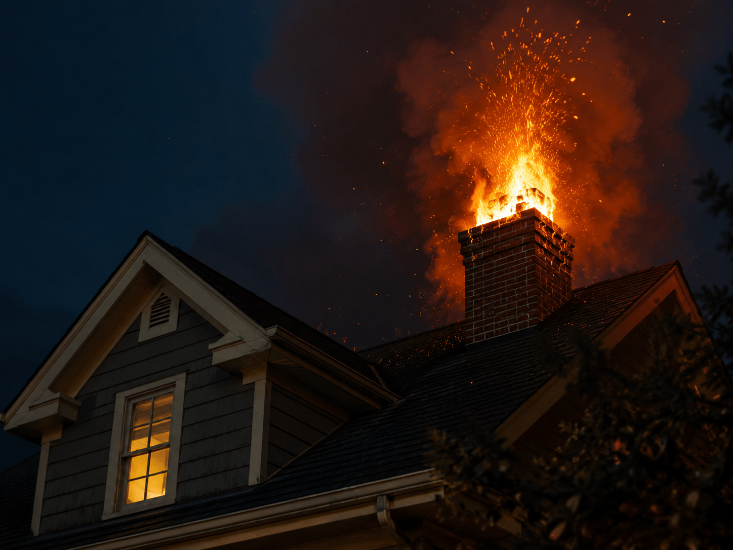 Chimney fire warning — sparks and flames from a chimney at night