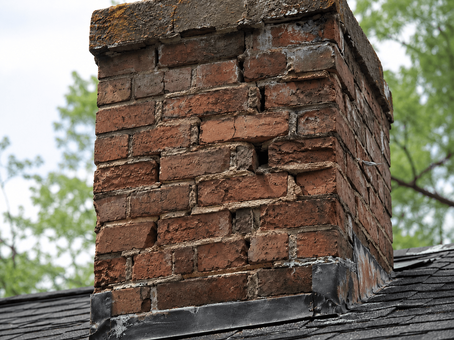 Cracked mortar and loose bricks on a chimney closeup