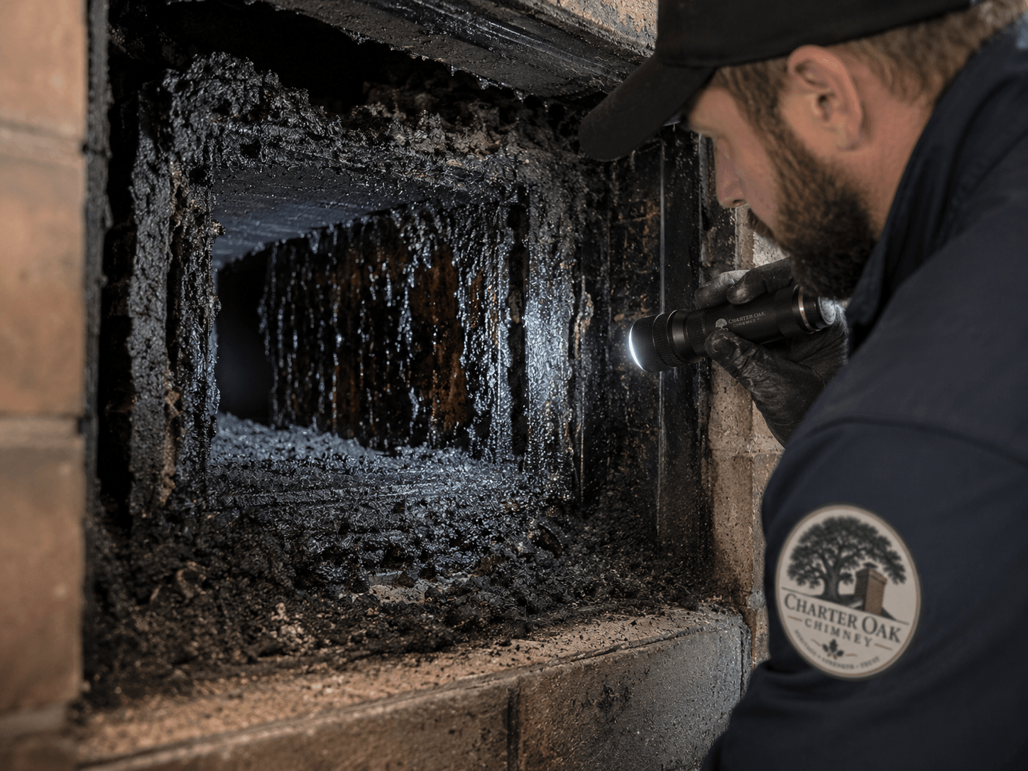 Creosote buildup inside a firebox during a chimney inspection