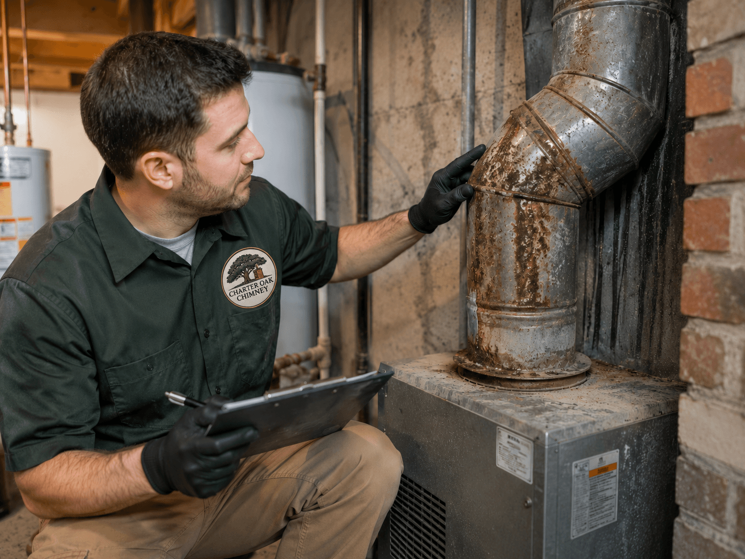 Rusted furnace vent pipe during an inspection