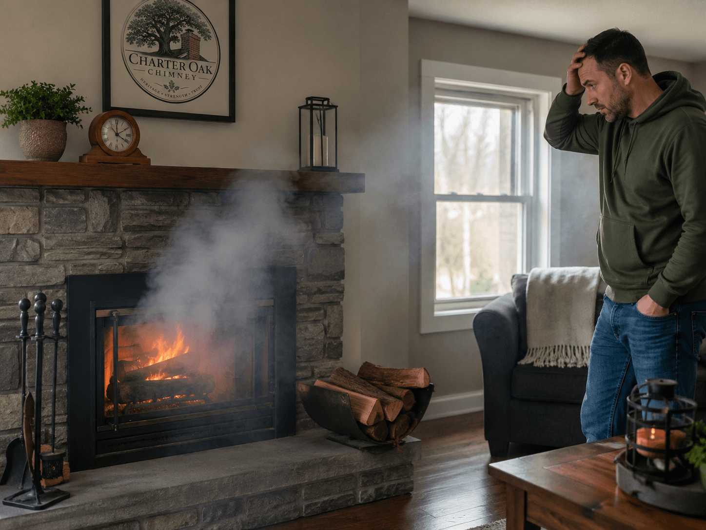 Smoke coming back into a home through the fireplace — a warning sign of chimney draft issues