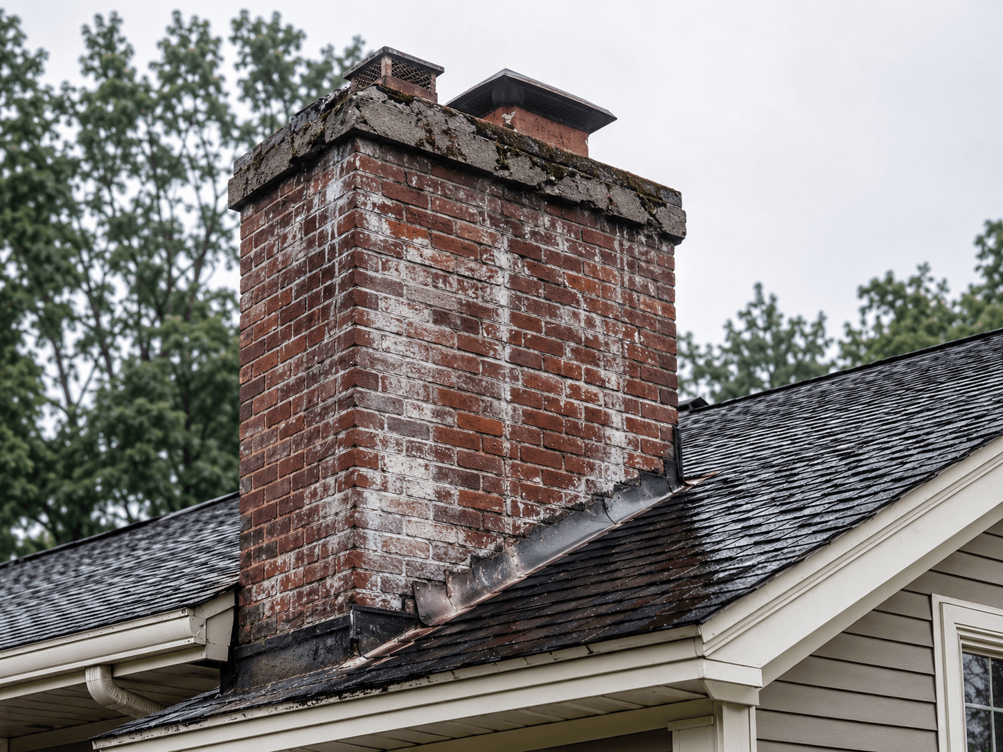 White staining efflorescence on a brick chimney exterior