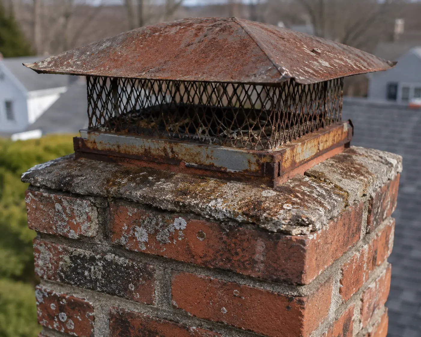 A weathered chimney crown with lichen and a rusted cap