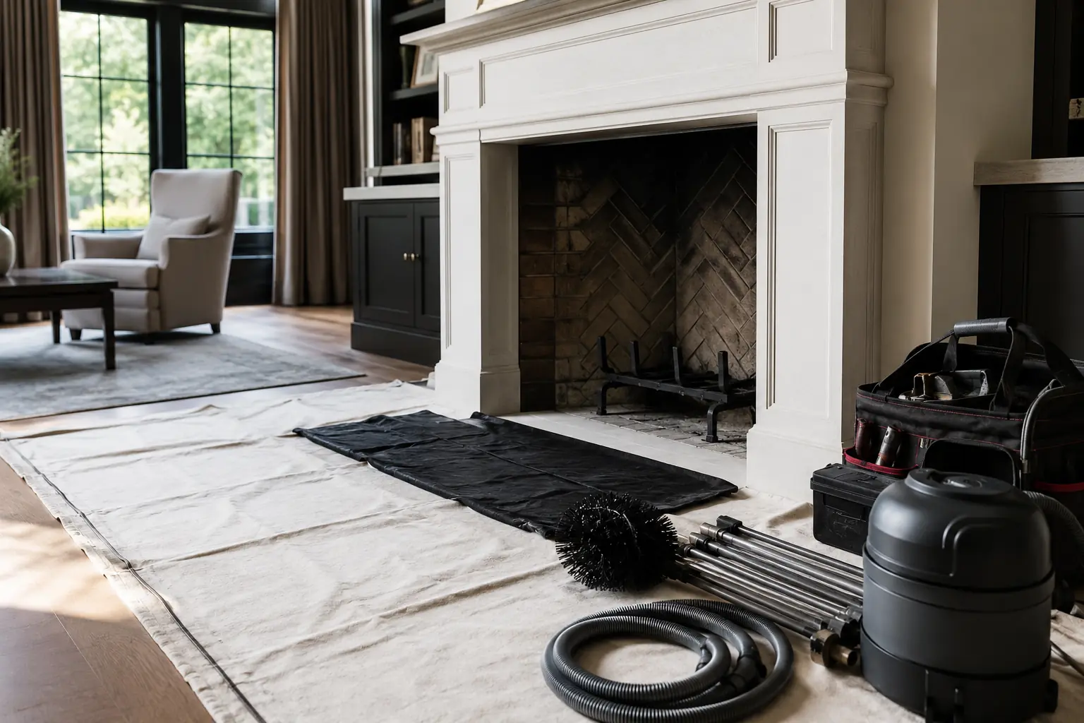 A tidy fireplace and hearth area after cleaning work