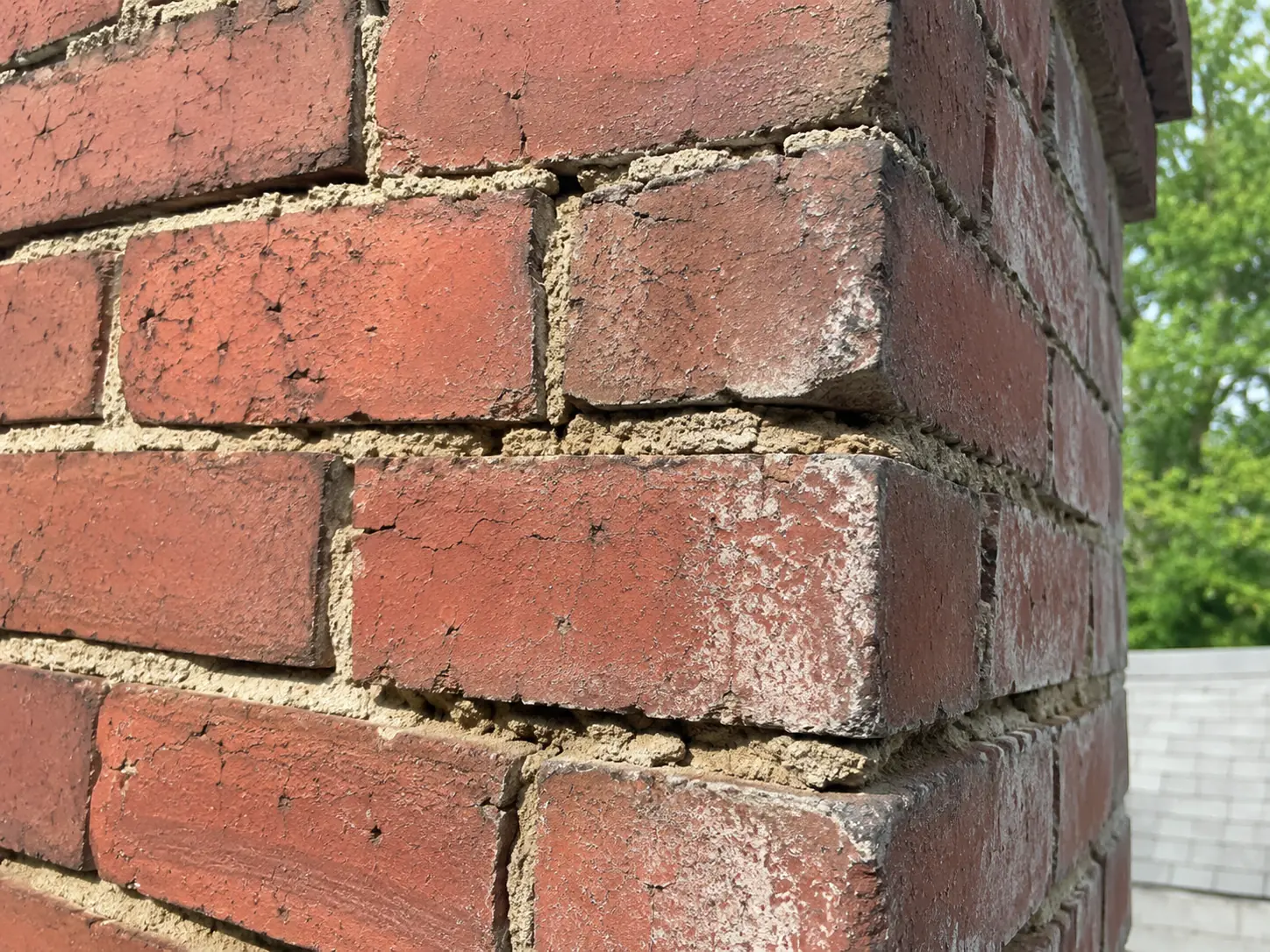 Water-damaged chimney before repair